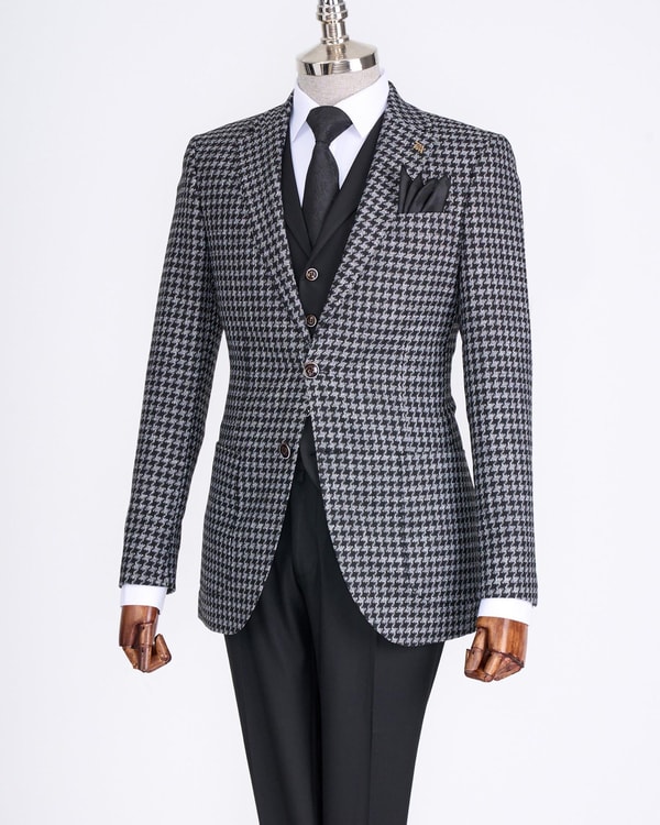 İtalyan stil slim fit erkek kombin ceket yelek pantolon takım elbise siyah T13074