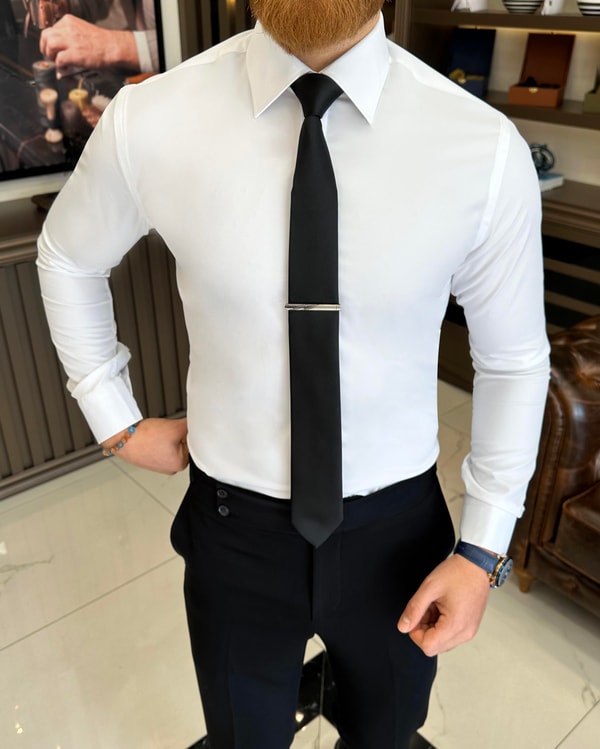 İtalyan stil slim fit erkek kravat yaka gömlek beyaz T11334