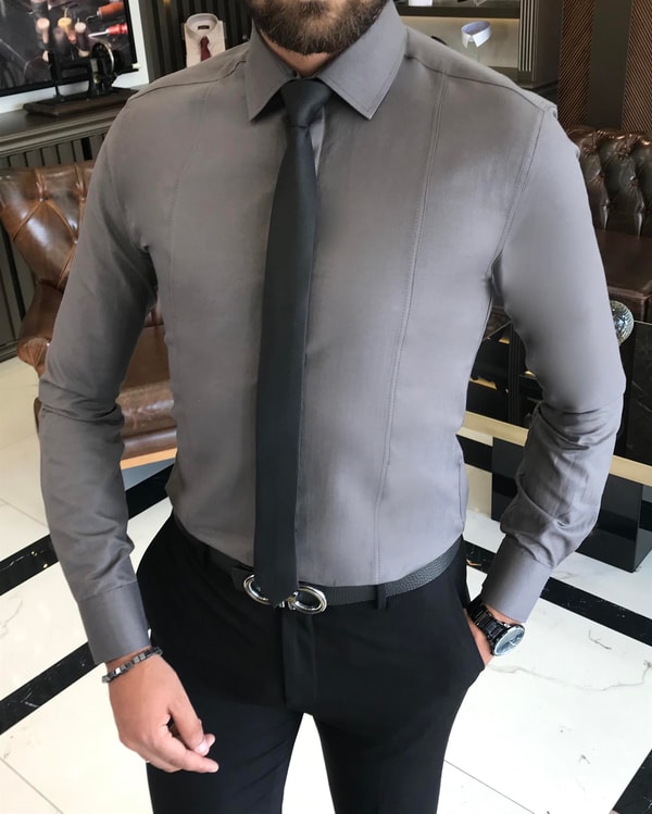 İtalyan stil slim fit erkek kravat yaka gömlek Gri T8739