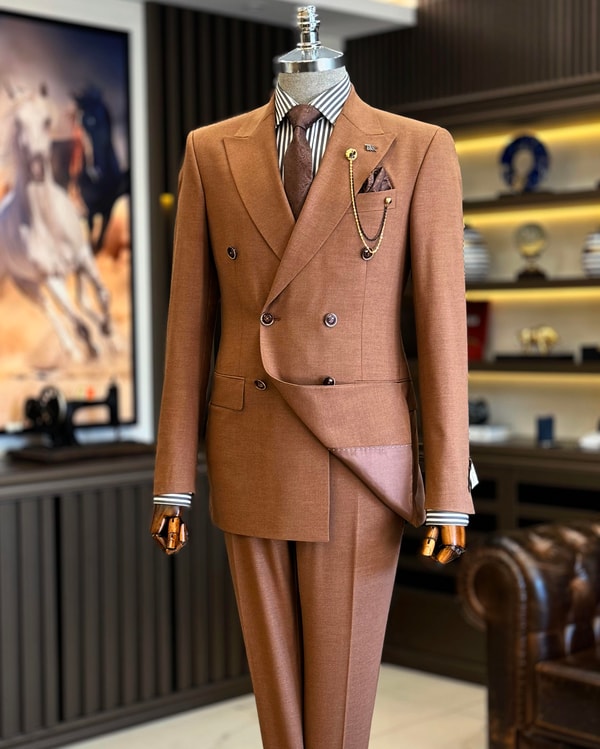 İtalyan stil slim fit erkek kruvaze ceket pantolon takım elbise kahverengi T12693