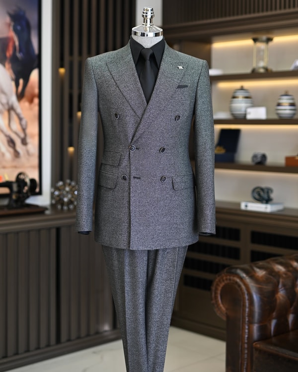 İtalyan stil slim fit erkek kruvaze ceket pantolon takım elbise siyah T11557