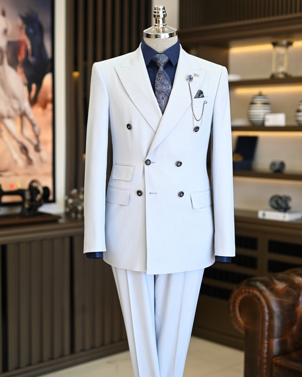 İtalyan stil slim fit erkek kruvaze ceket pantolon takım elbise mavi T11564