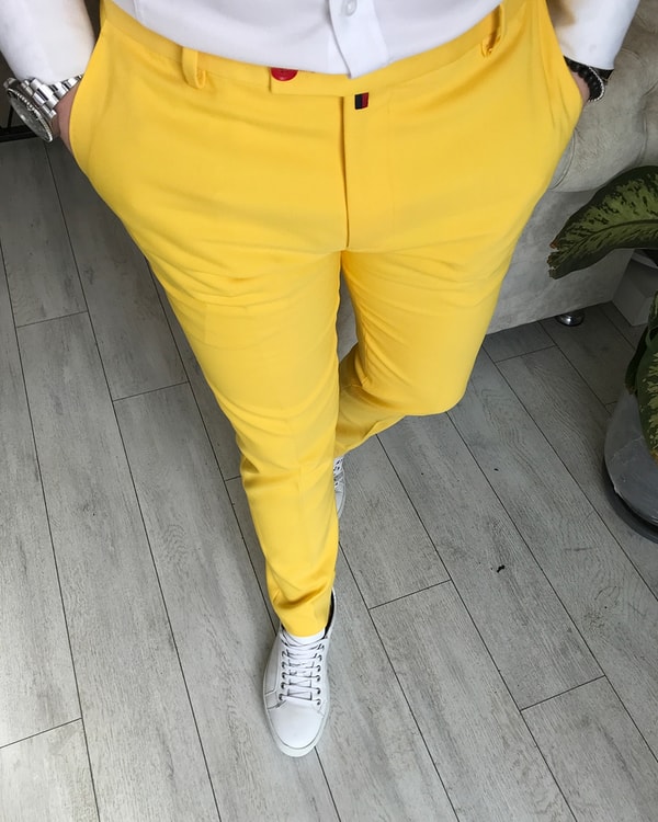 İtalyan stil slim fit erkek kumaş pantolon Sarı T5261