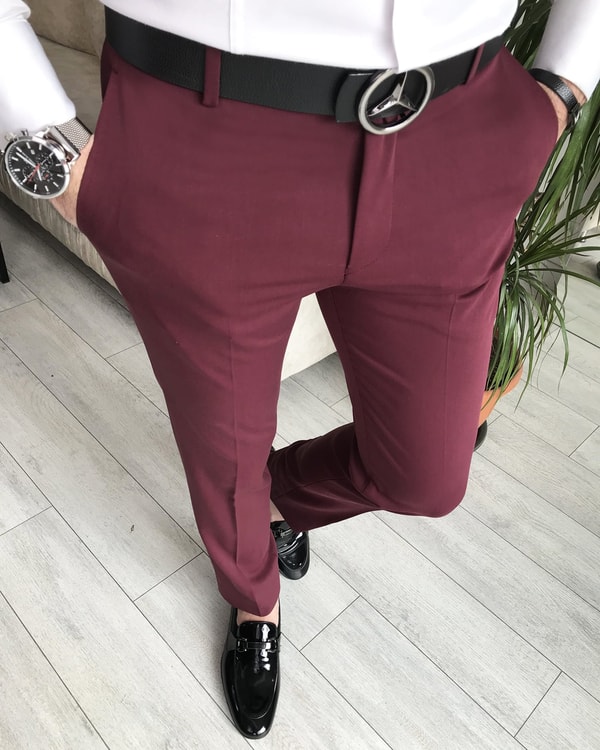 İtalyan stil slim fit erkek kumaş pantolon Bordo T6735