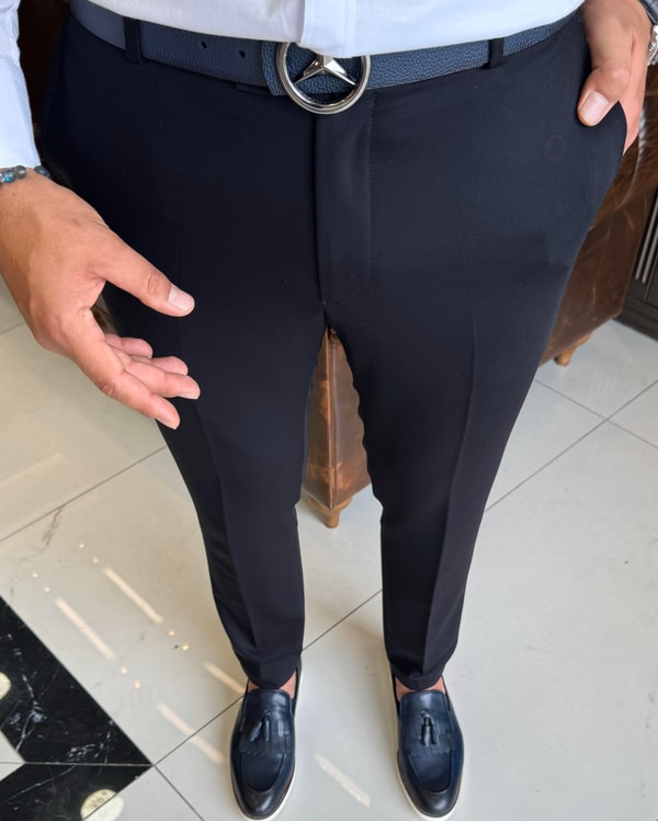 İtalyan stil slim fit erkek kumaş pantolon lacivert T11522