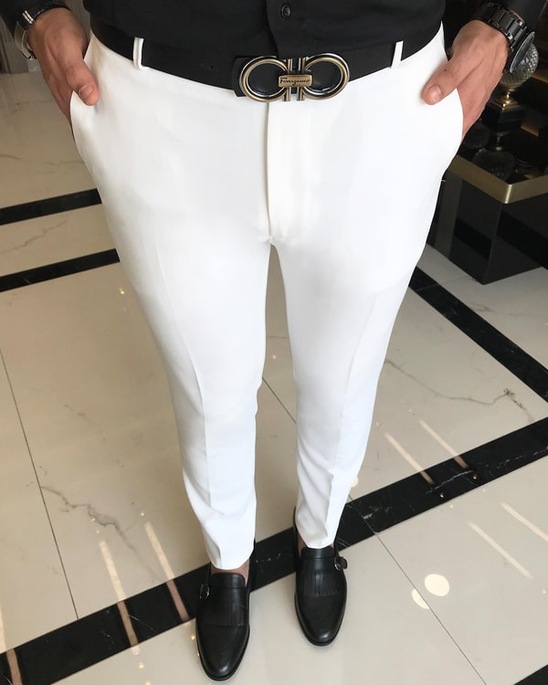 İtalyan stil slim fit erkek kumaş pantolon Ekru T4813