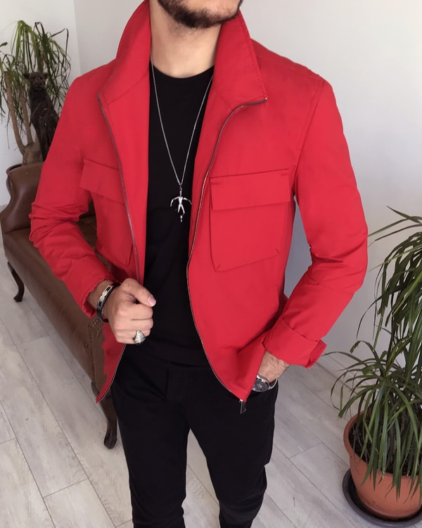 İtalyan stil slim fit erkek mevsimlik bomber ceket Kırmızı T7867