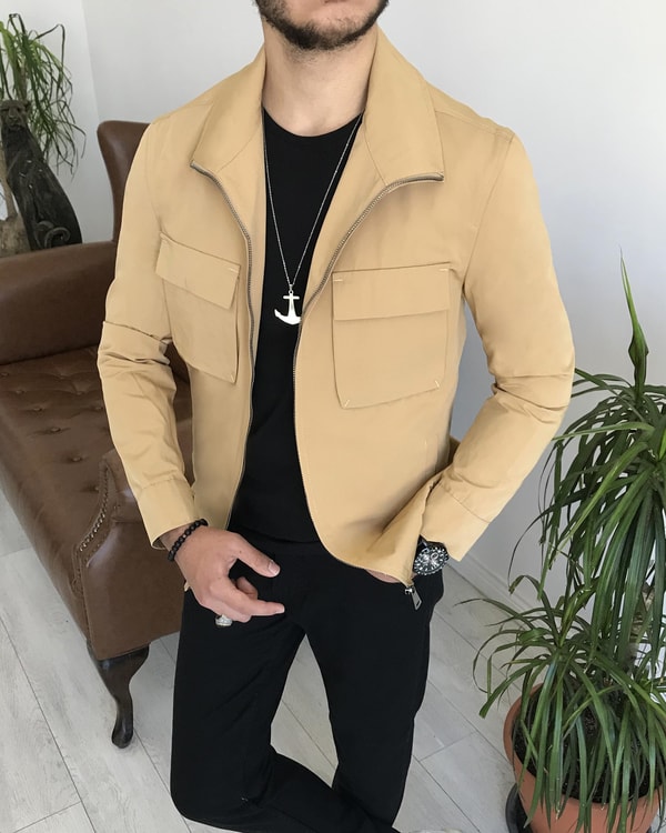 İtalyan stil slim fit erkek mevsimlik bomber ceket Camel T7870