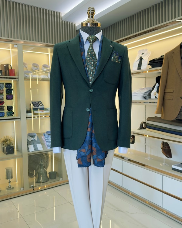 İtalyan stil slim fit erkek mono yaka yün ceket yeşil T10152