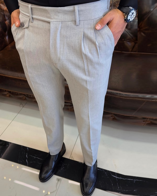 İtalyan stil slim fit erkek pileli kumaş pantolon Gri T5286