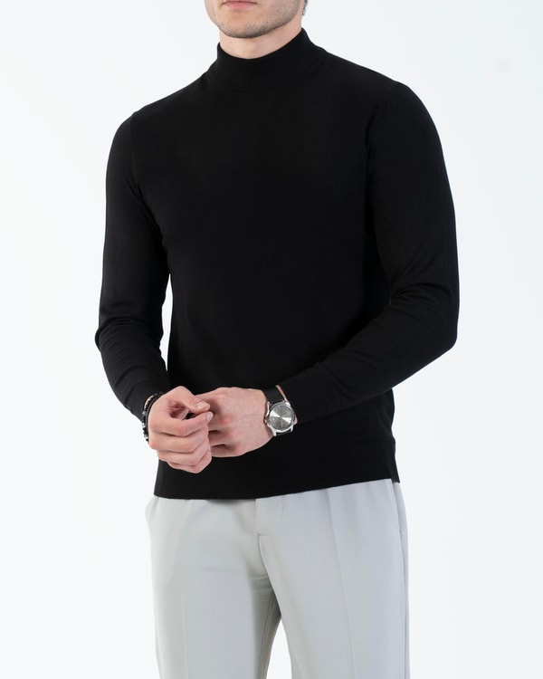 İtalyan stil slim fit erkek yarım balıkçı yaka triko kazak siyah T14874
