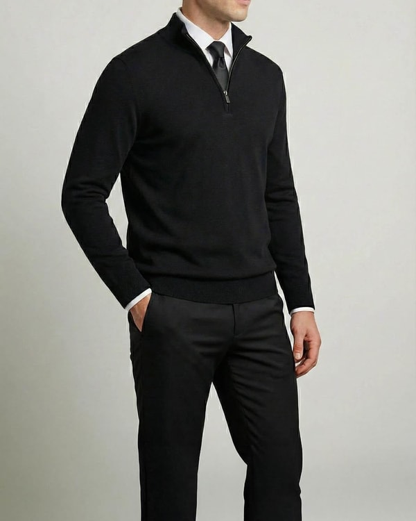 İtalyan stil slim fit erkek yarım boğazlı fermuarlı triko kazak siyah T13109