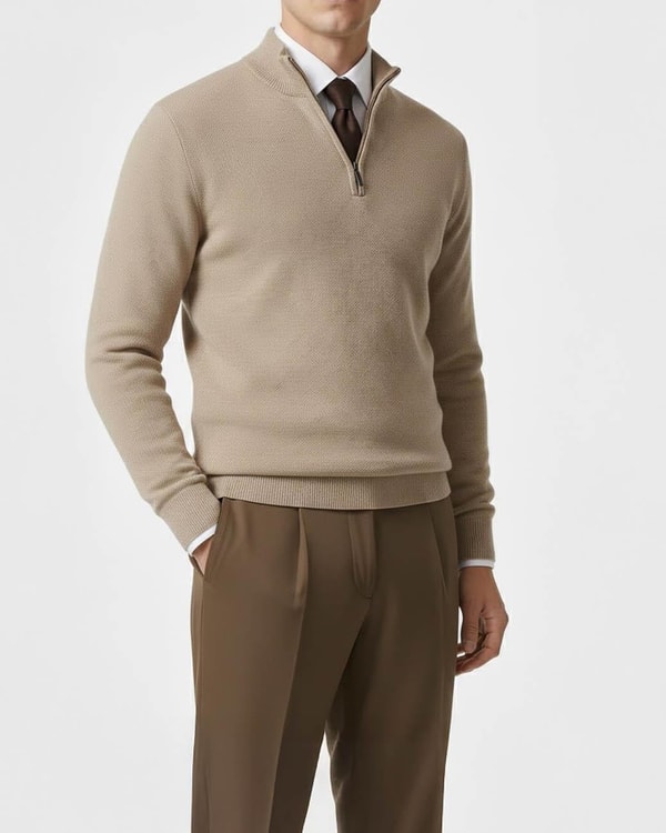 İtalyan stil slim fit erkek yarım boğazlı fermuarlı triko kazak bej T14873