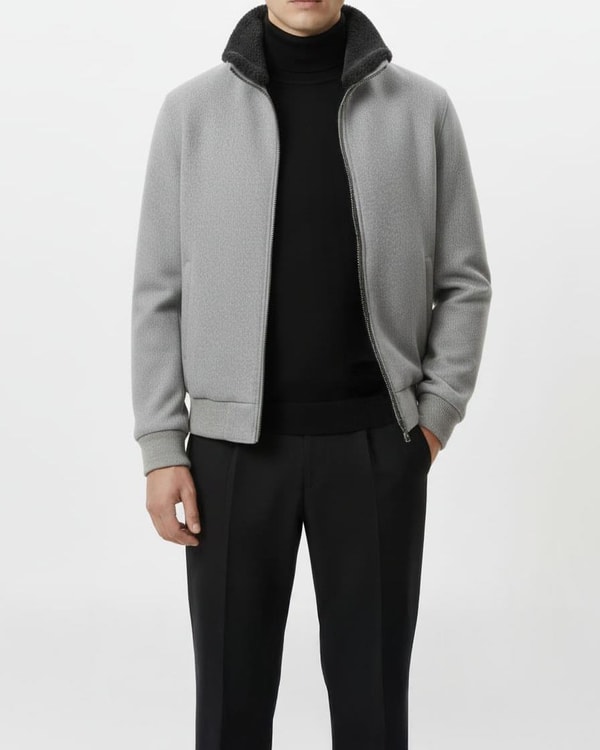İtalyan stil slim fit fermuarlı kürk yaka deri şeritli mont gri T15113