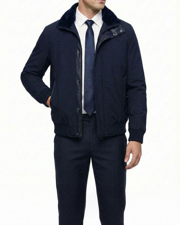 İtalyan stil slim fit fermuarlı kürk yaka deri şeritli erkek mont lacivert T14697