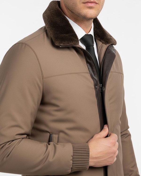 İtalyan stil slim fit fermuarlı kürk yaka deri şeritli erkek mont kahverengi T14698
