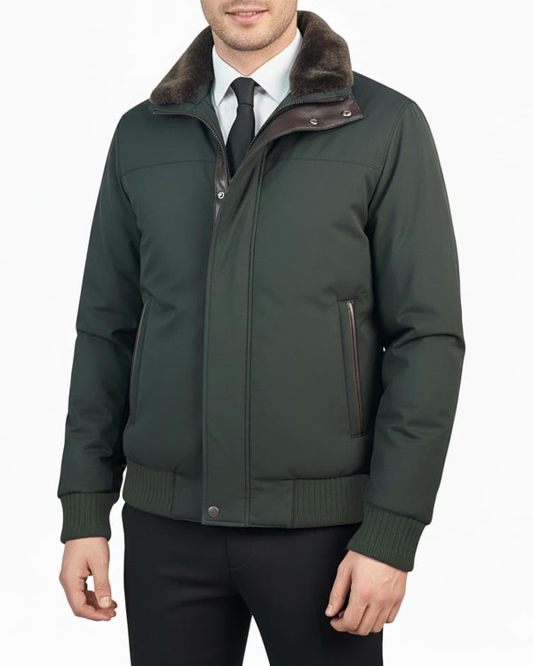 İtalyan stil slim fit fermuarlı kürk yaka deri şeritli erkek mont yeşil T14699