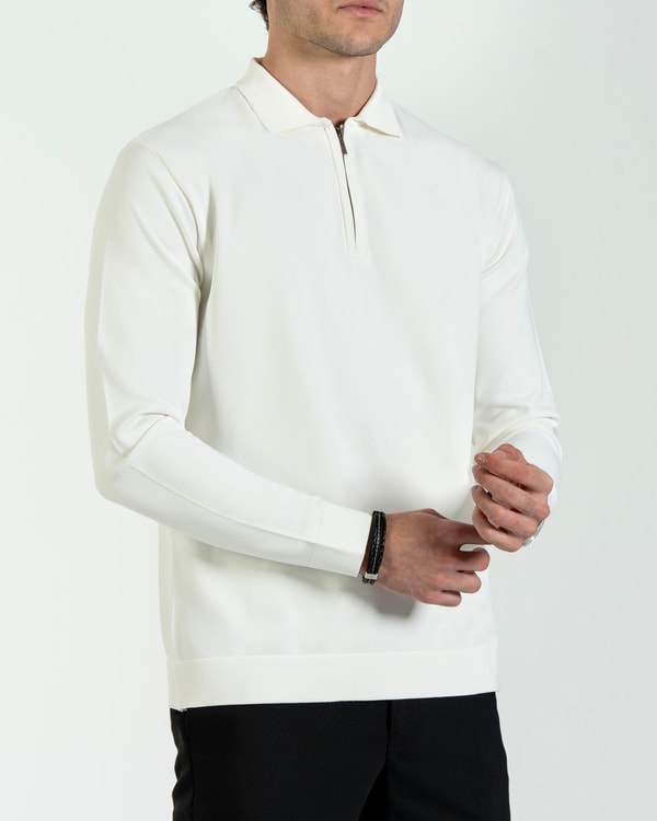 İtalyan stil slim fit fermuarlı polo yaka triko kazak beyaz T14509