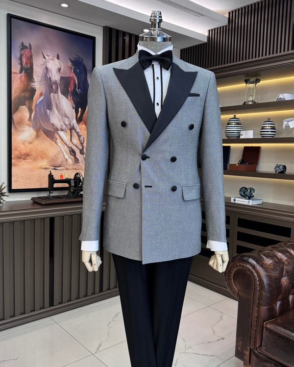 İtalyan stil slim fit geometrik desen kruvaze ceket pantolon damatlık set siyah T11570