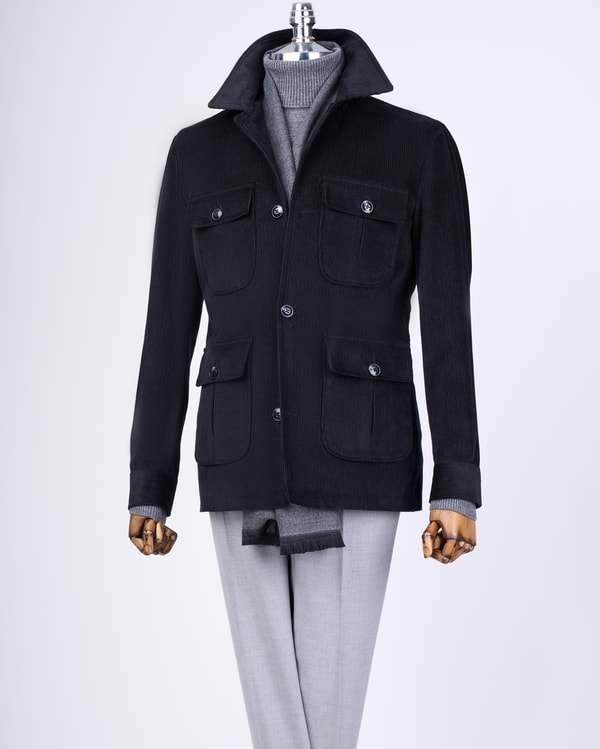 İtalyan stil slim fit kadife spor erkek ceket siyah T13343