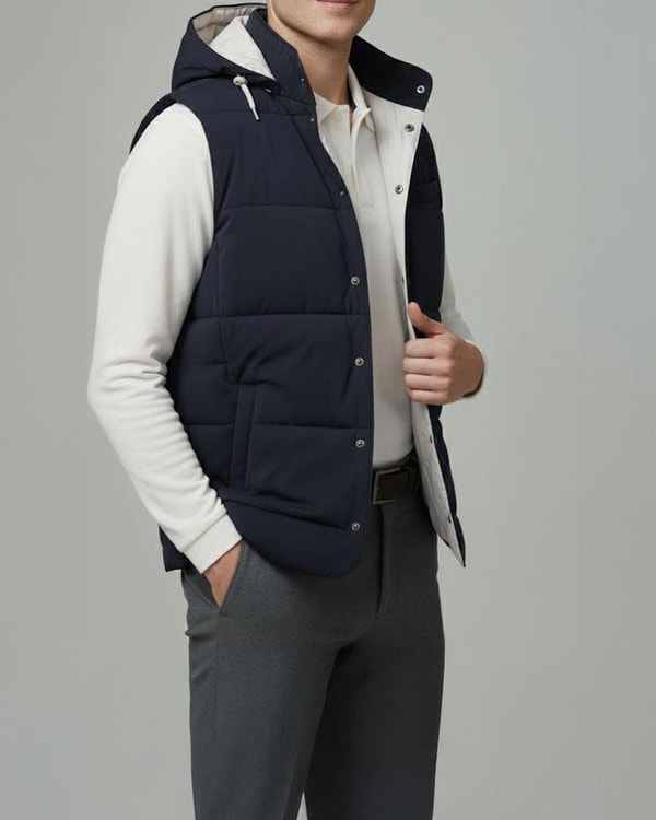 İtalyan stil slim fit kapüşonlu kapitone erkek şişme yelek lacivert T14725