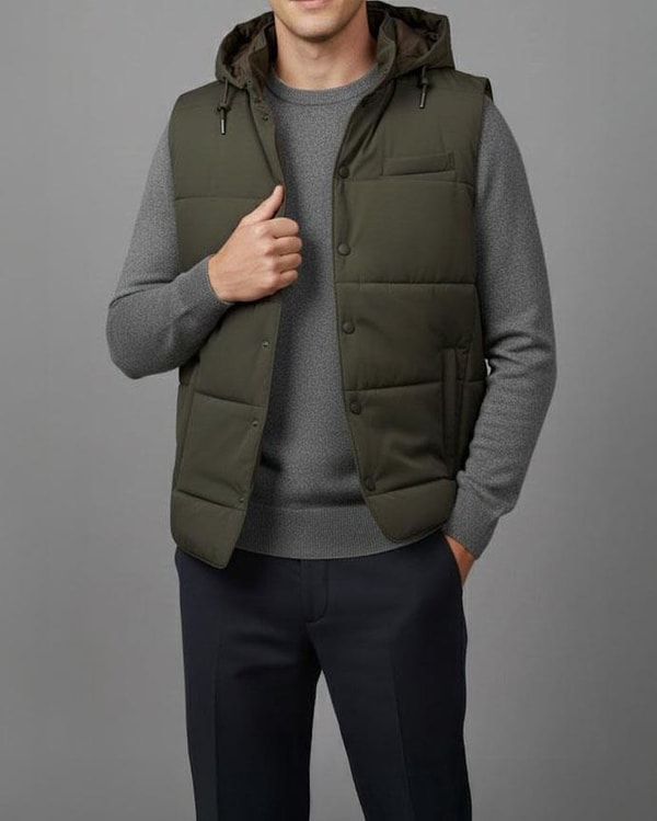 İtalyan stil slim fit kapüşonlu kapitone erkek şişme yelek yeşil T14724
