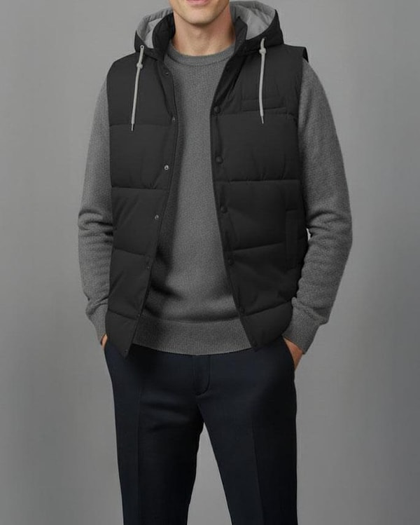 İtalyan stil slim fit kapüşonlu kapitone erkek şişme yelek siyah T14723