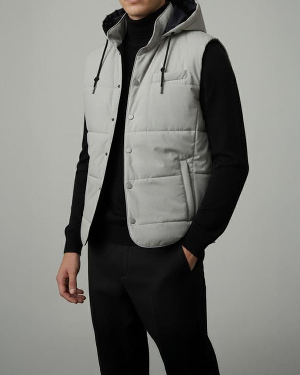 İtalyan stil slim fit kapüşonlu kapitone erkek şişme yelek gri T14726