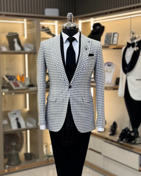 İtalyan stil slim fit kazayağı desen erkek ceket gri T11502