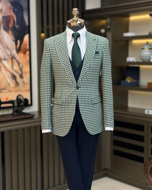İtalyan stil slim fit kazayağı desen erkek ceket yeşil T11499