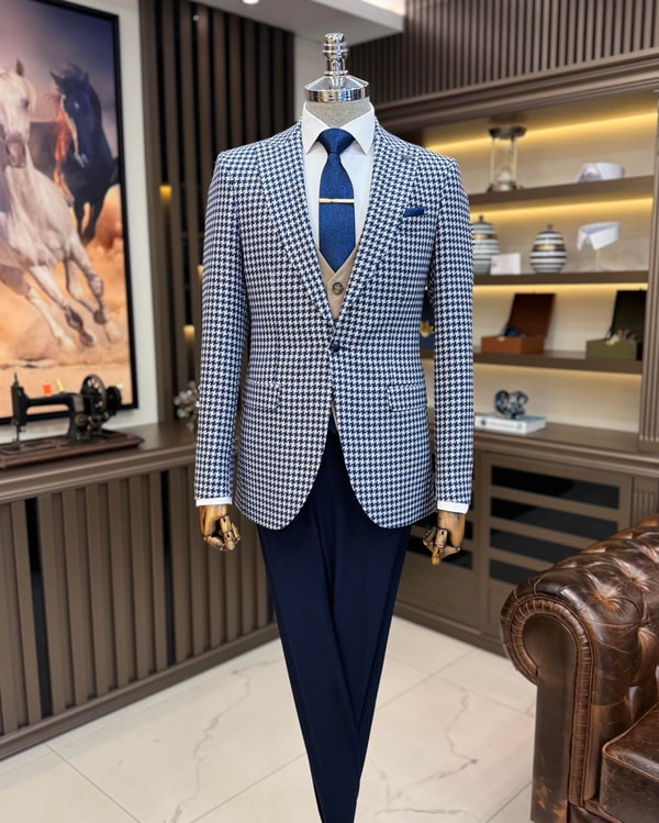 İtalyan stil slim fit kazayağı desen erkek ceket lacivert T11498