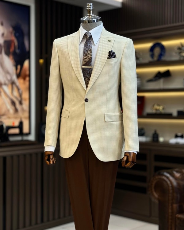 İtalyan stil slim fit kazayağı desen erkek ceket bej T12538