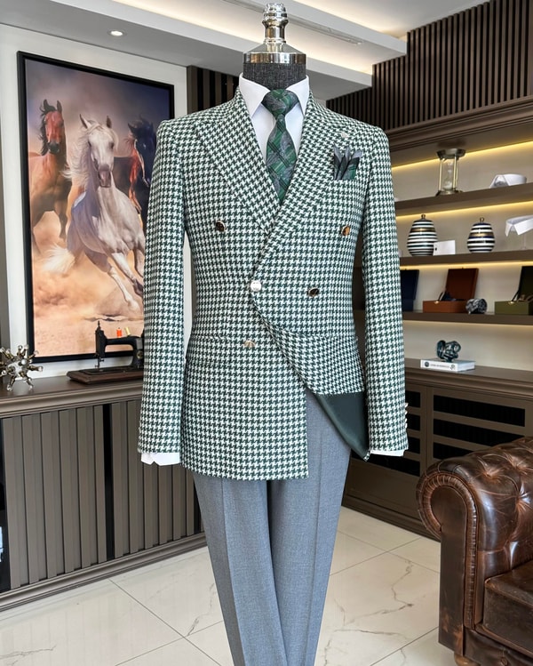 İtalyan stil slim fit kazayağı desen kruvaze erkek ceket yeşil T11496