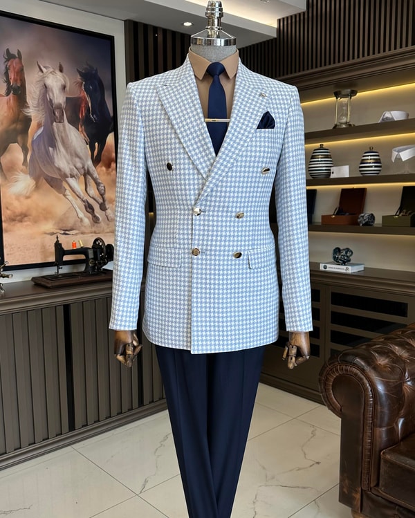 İtalyan stil slim fit kazayağı desen kruvaze erkek ceket mavi T11493