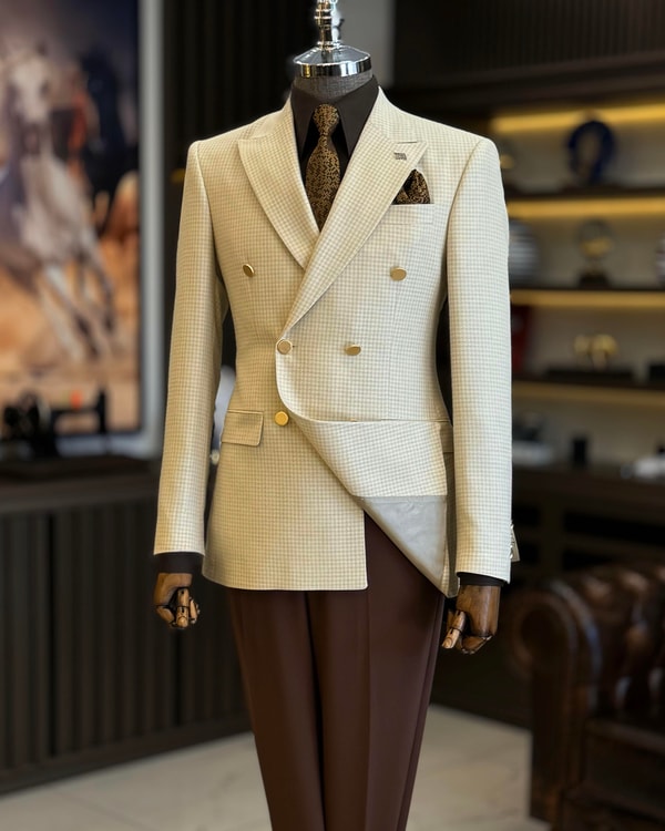 İtalyan stil slim fit kazayağı desen kruvaze erkek ceket bej T12551