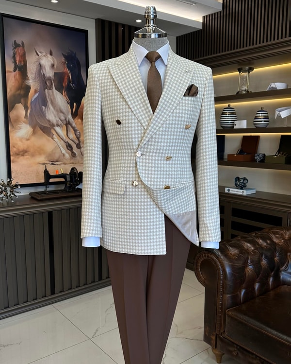 İtalyan stil slim fit kazayağı desen kruvaze erkek ceket bej T11491