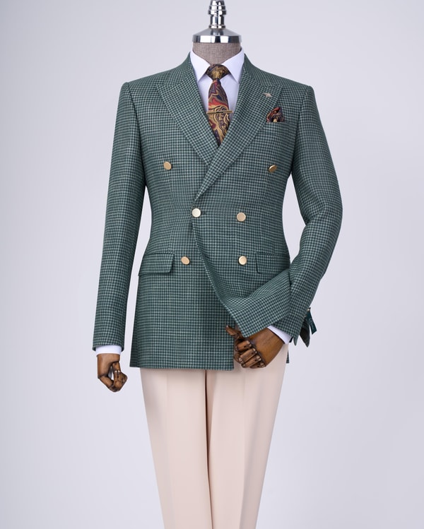İtalyan stil slim fit kazayağı desen kruvaze erkek ceket yeşil T12552