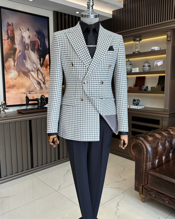 İtalyan stil slim fit kazayağı desen kruvaze erkek ceket gri T11492
