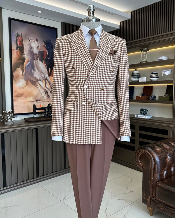 İtalyan stil slim fit kazayağı desen kruvaze erkek ceket kahverengi T11494