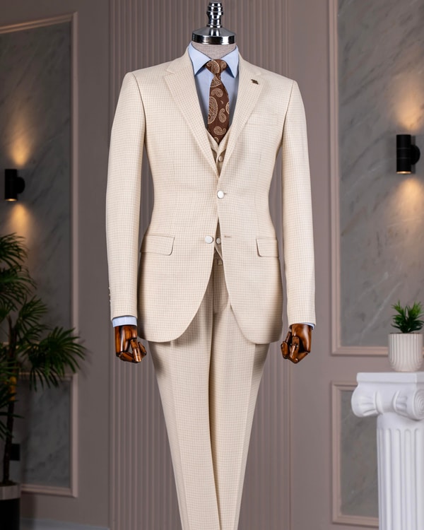 İtalyan stil slim fit kazayağı desenli ceket yelek pantolon takım elbise bej T12790