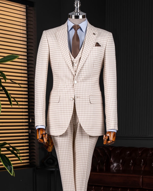 İtalyan stil slim fit kazayağı desenli ceket yelek pantolon takım elbise bej T12789