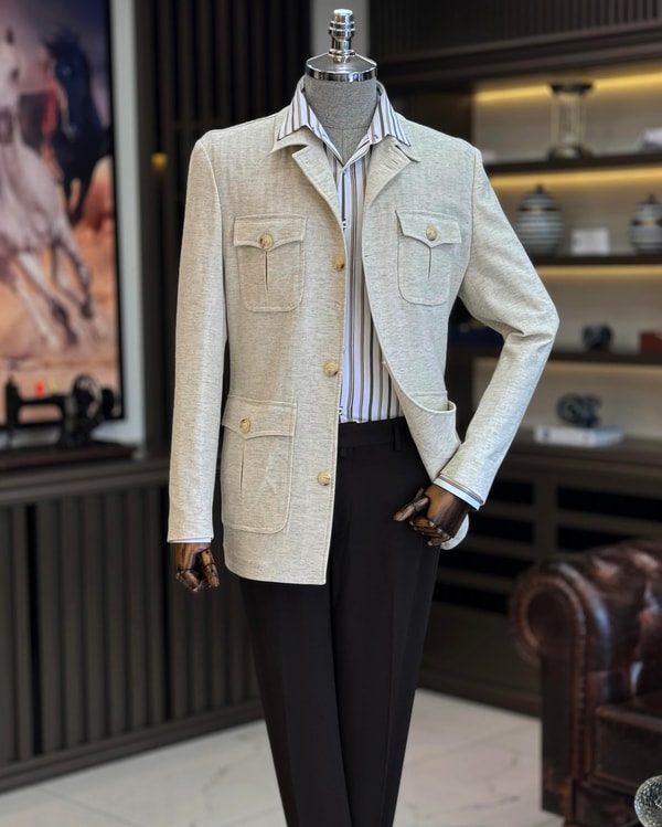 Italyan stil slim fit keten cepli mevsimlik bej T11804