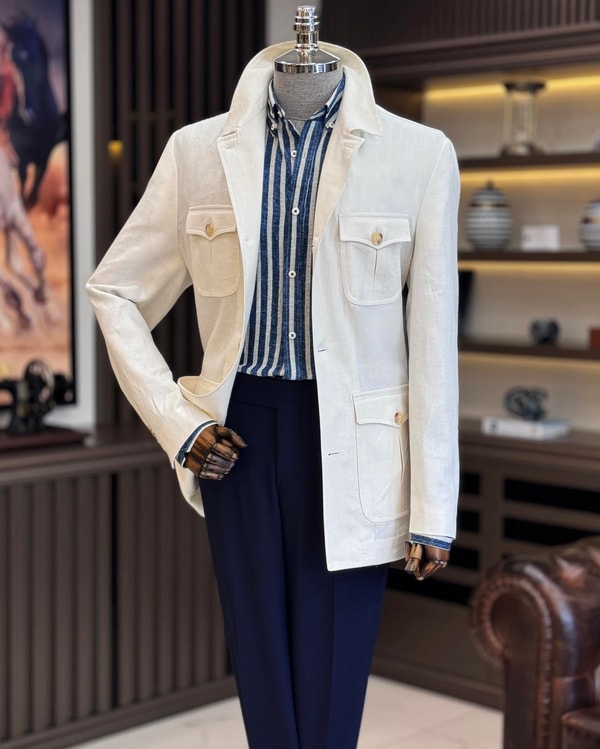 Italyan stil slim fit keten cepli mevsimlik mont ekru T11800