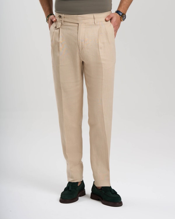 İtalyan stil slim fit keten karışımlı pantolon bej T13624