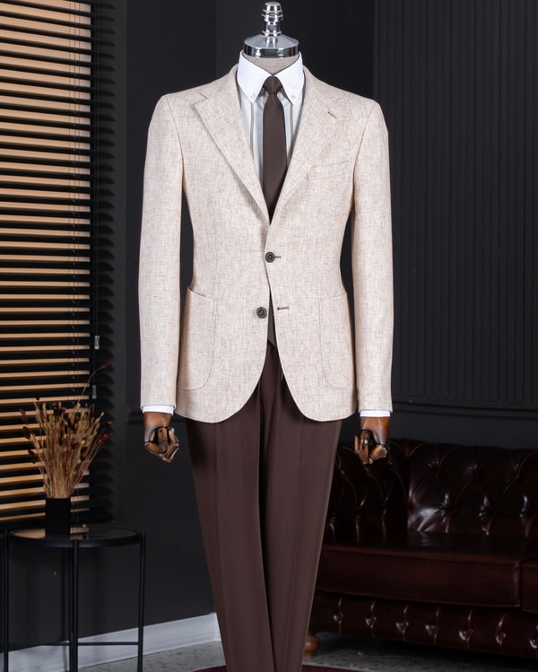 İtalyan stil slim fit keten karışımlı torba cep tek ceket erkek camel T14210
