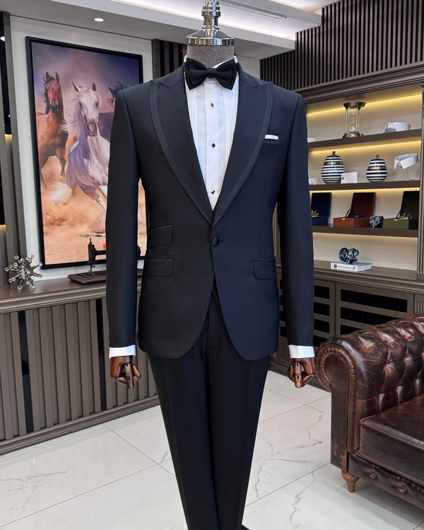 İtalyan stil slim fit kırlangıç yaka ceket yelek pantolon damatlık set siyah T11609