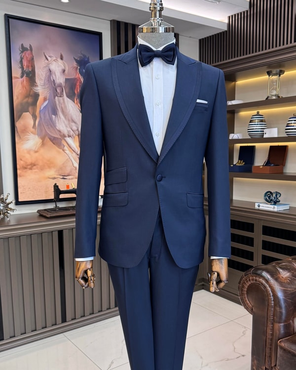 İtalyan stil slim fit kırlangıç yaka ceket yelek pantolon damatlık set lacivert T11608