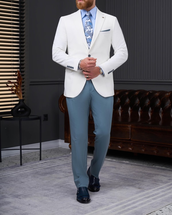 İtalyan stil slim fit kombin takım elbise  beyaz T13930