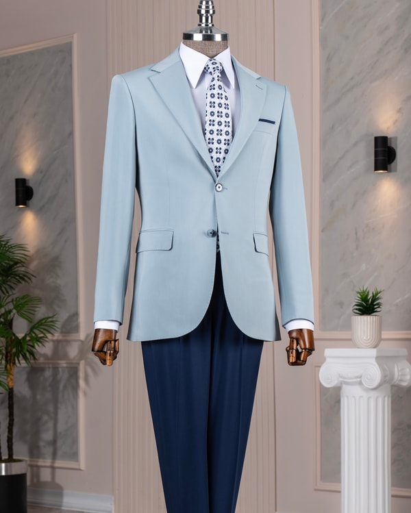 İtalyan stil slim fit kombin takım elbise  mavi T13926