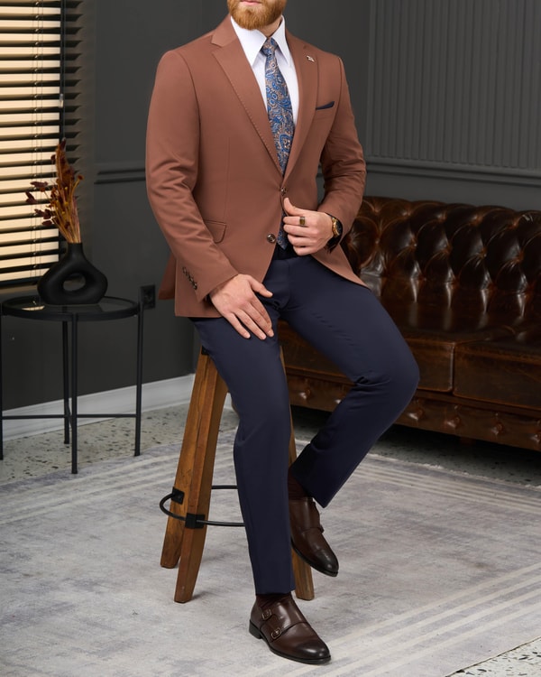 İtalyan stil slim fit kombin takım elbise  kiremit T13929